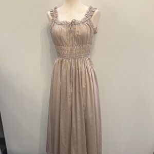 Sleeveless Beige Striped Sundress with Ruffle Trim